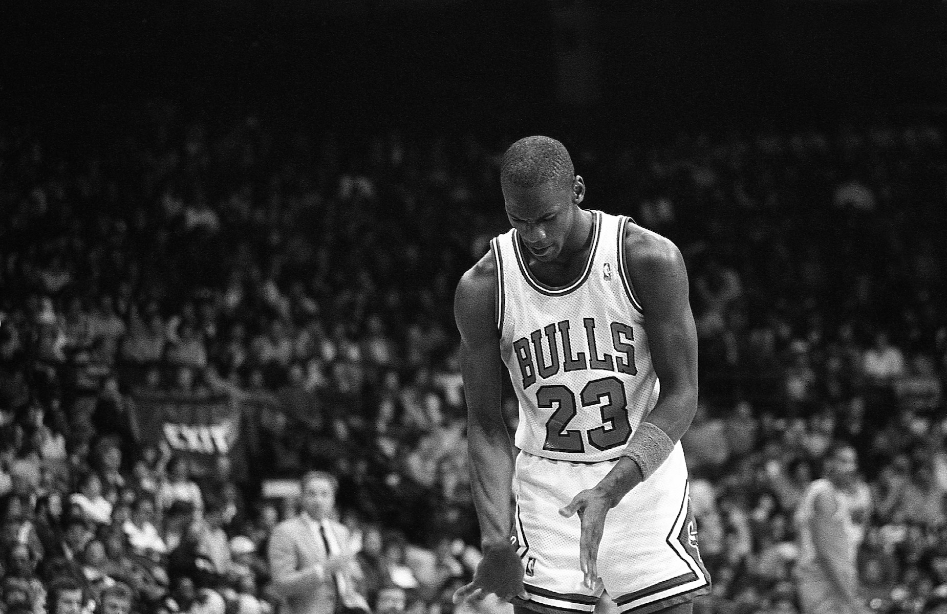 Michael Jordan at the free throw line for the Chicago Bulls.