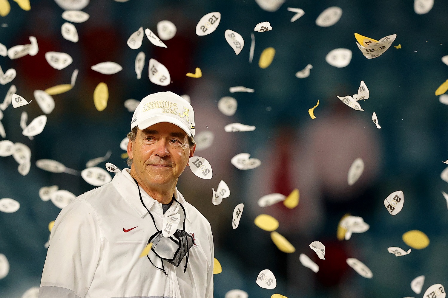 Coach Nick Saban of the Alabama Crimson Tide looks on following the College Football Playoff National Championship game win over the Ohio State Buckeyes at Hard Rock Stadium on Jan. 11, 2021. | Photo by Kevin C. Cox/Getty Images