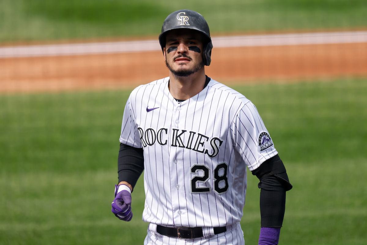 Nolan Arenado of the Colorado Rockies reacts after striking out in 2020