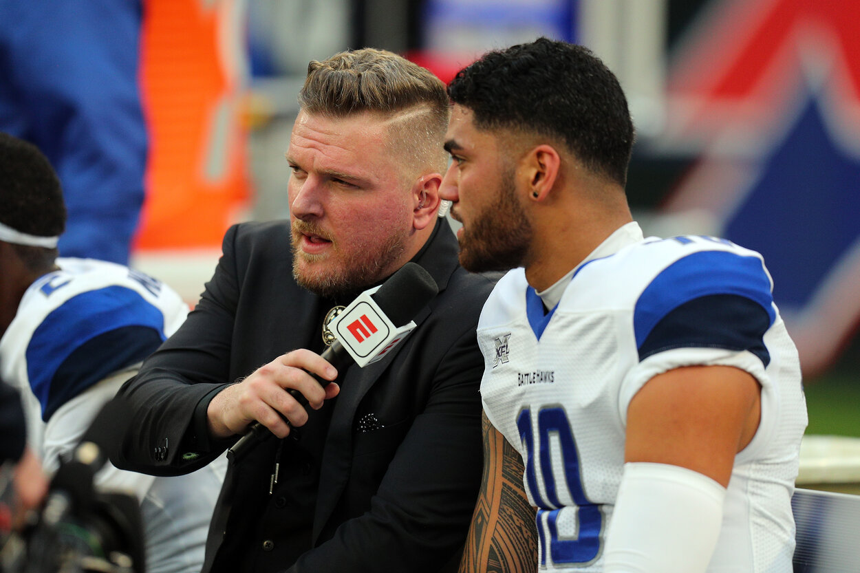 Pat McAfee (L) while working for ESPN in 2020.
