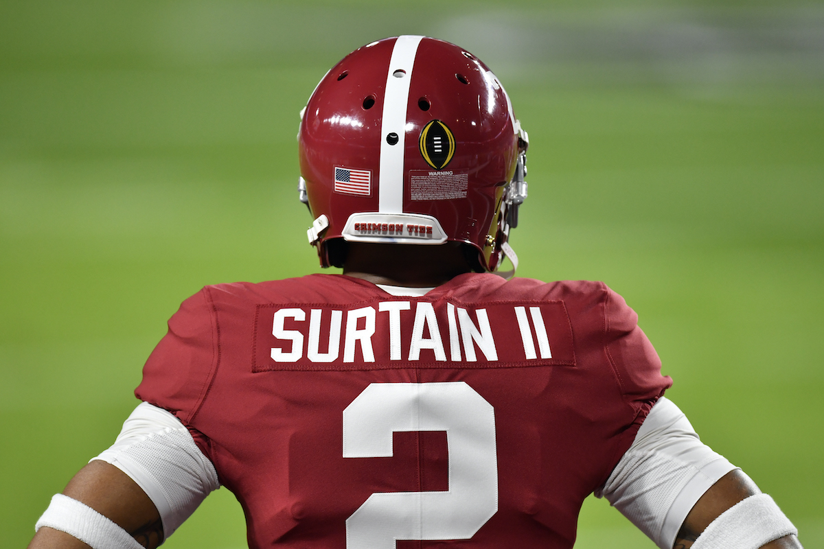 Patrick Surtain II of the Alabama Crimson Tide warms up before the College Football Playoff National Championship football game against the Ohio State Buckeyes at Hard Rock Stadium on January 11, 2021 in Miami Gardens, Florida.
