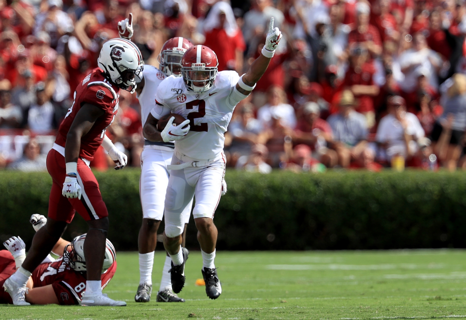 Top 2021 NFL draft prospect Patrick Surtain II celebrates a turnover in the Alabama Crimson Tide's matchup against South Carolina.