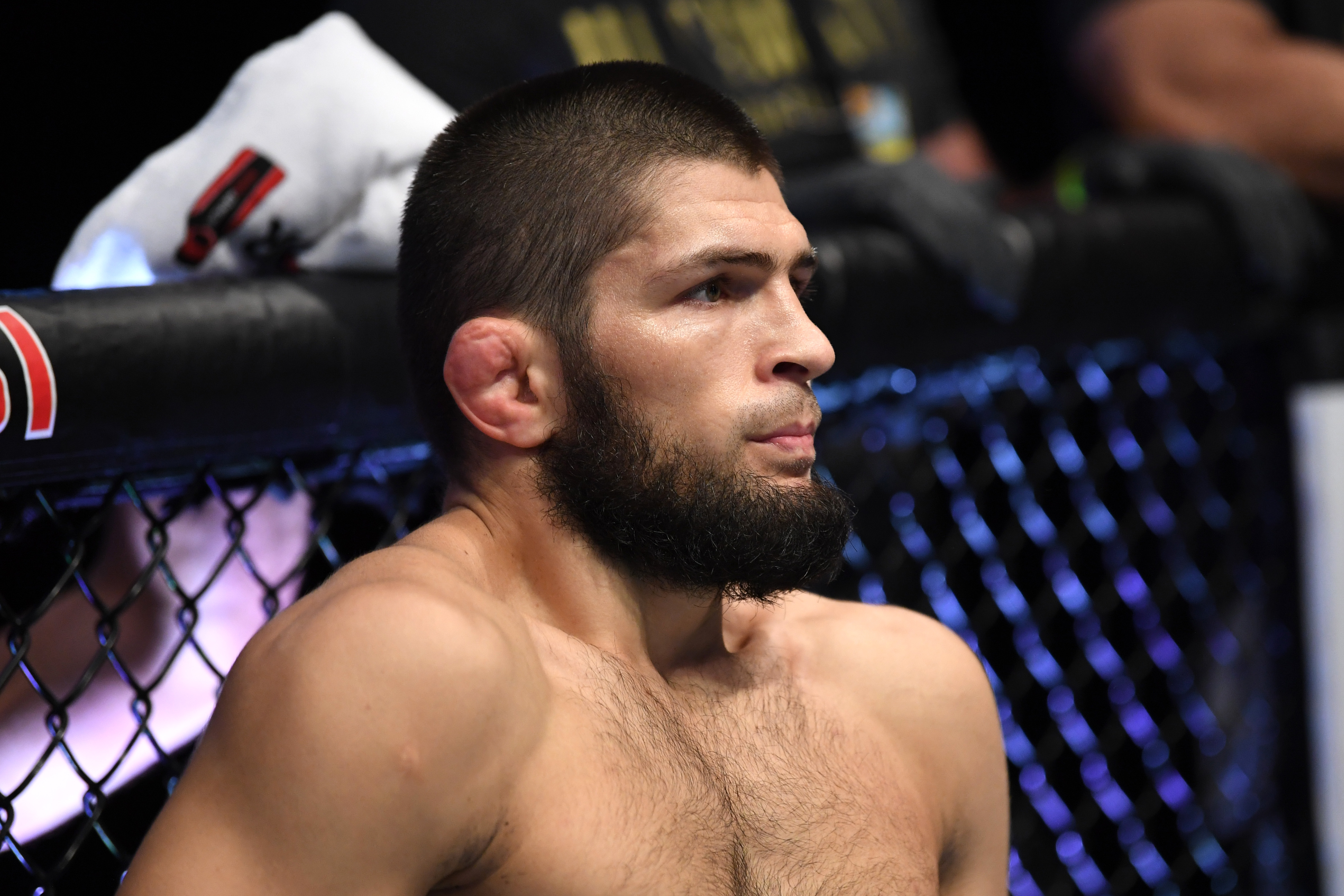 Former UFC fighter Khabib Nurmagomedov of Russia stands in his corner prior to a 2020 fight