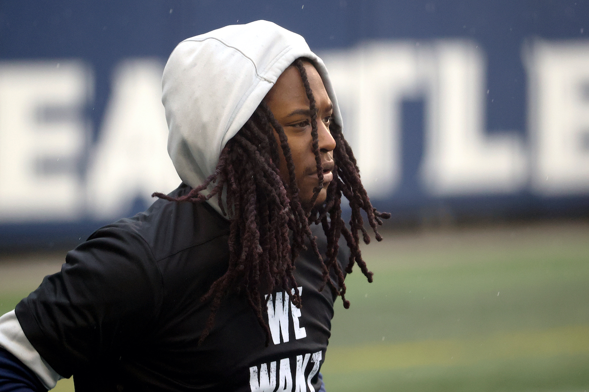 Shaquill Griffin looks on before a game