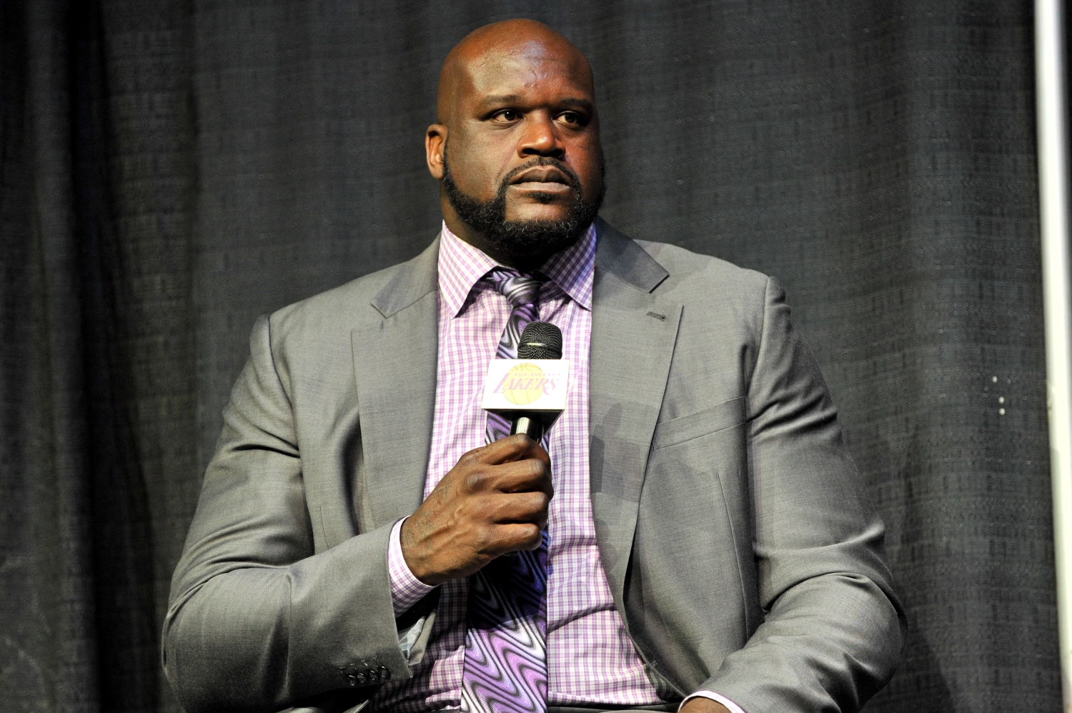 Former NBA star Shaquille O'Neal speaks during a Lakers event at the Staples Center.