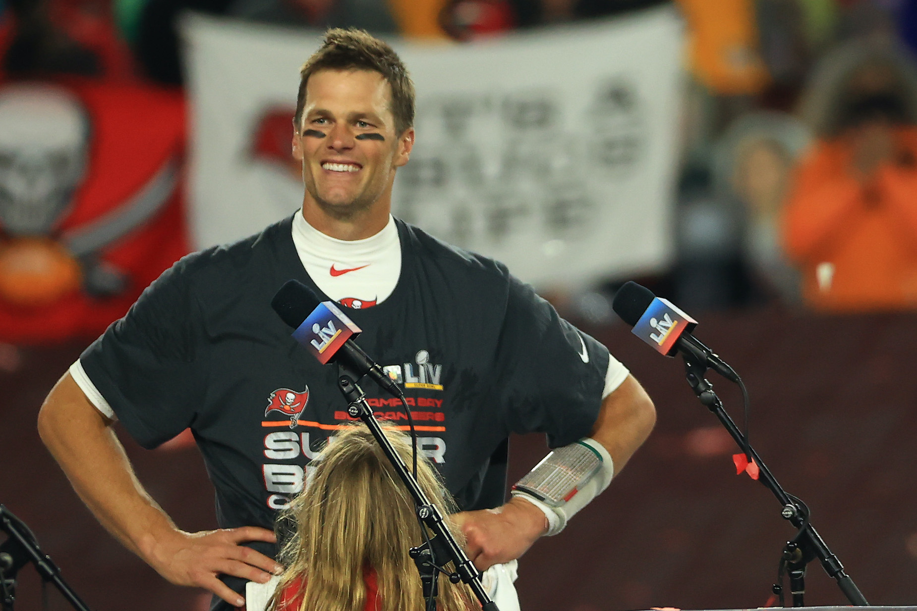 Tampa Bay Buccaneers quarterback Tom Brady gives an interview after Super Bowl 55.
