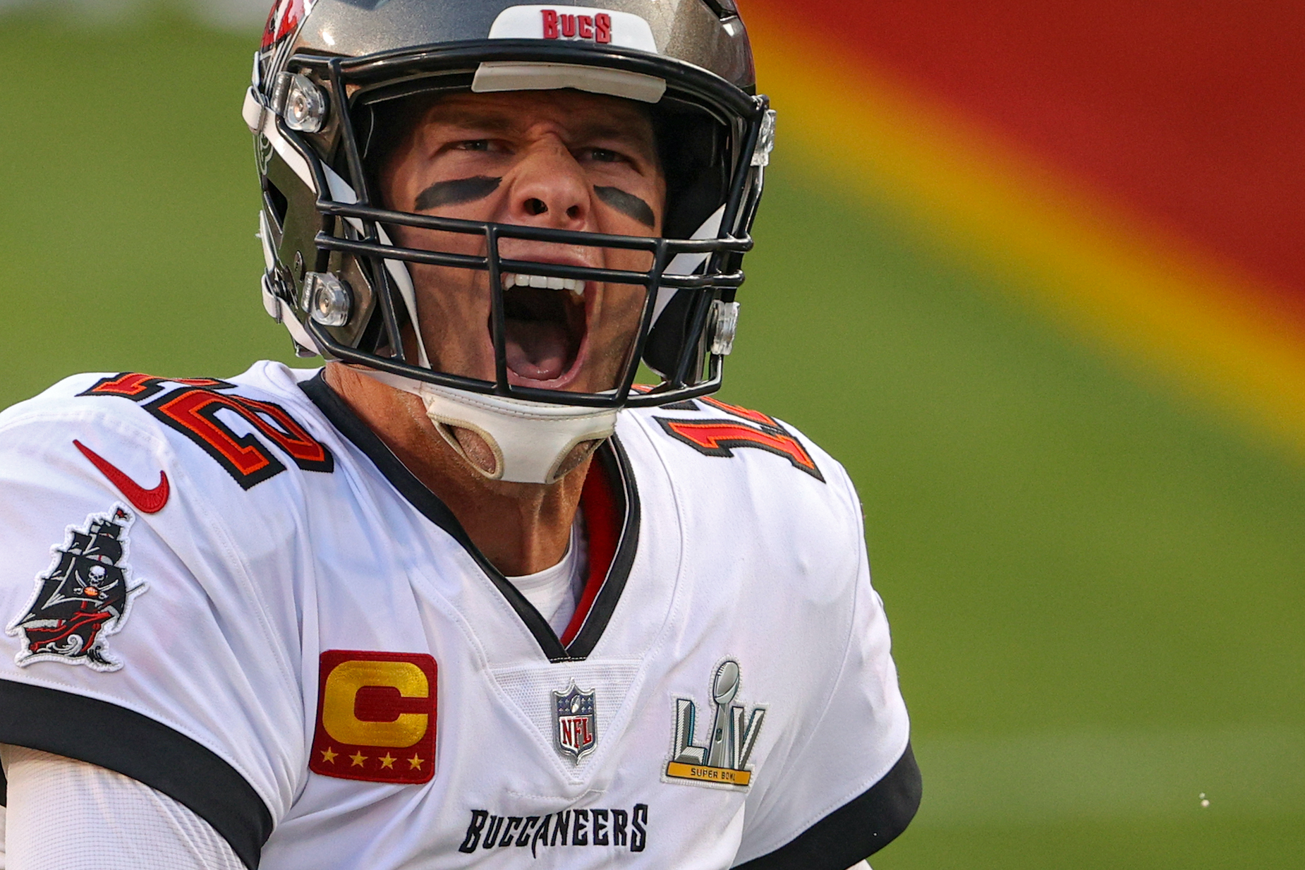 Tampa Bay Buccaneers quarterback Tom Brady yells during Super Bowl 55.