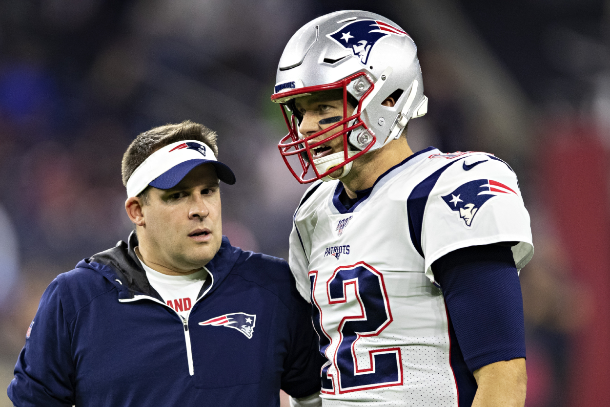 Patriots offensive coordinator Josh McDaniels and former Patriots quarterback Tom Brady.