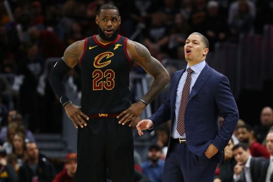Tyronn Lue coaching LeBron James with the Cleveland Cavaliers in the 2018 NBA Playoffs.
