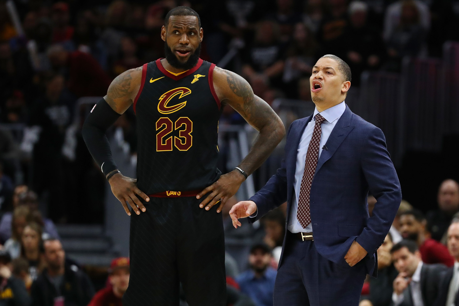 Tyronn Lue coaching LeBron James with the Cleveland Cavaliers in the 2018 NBA Playoffs.