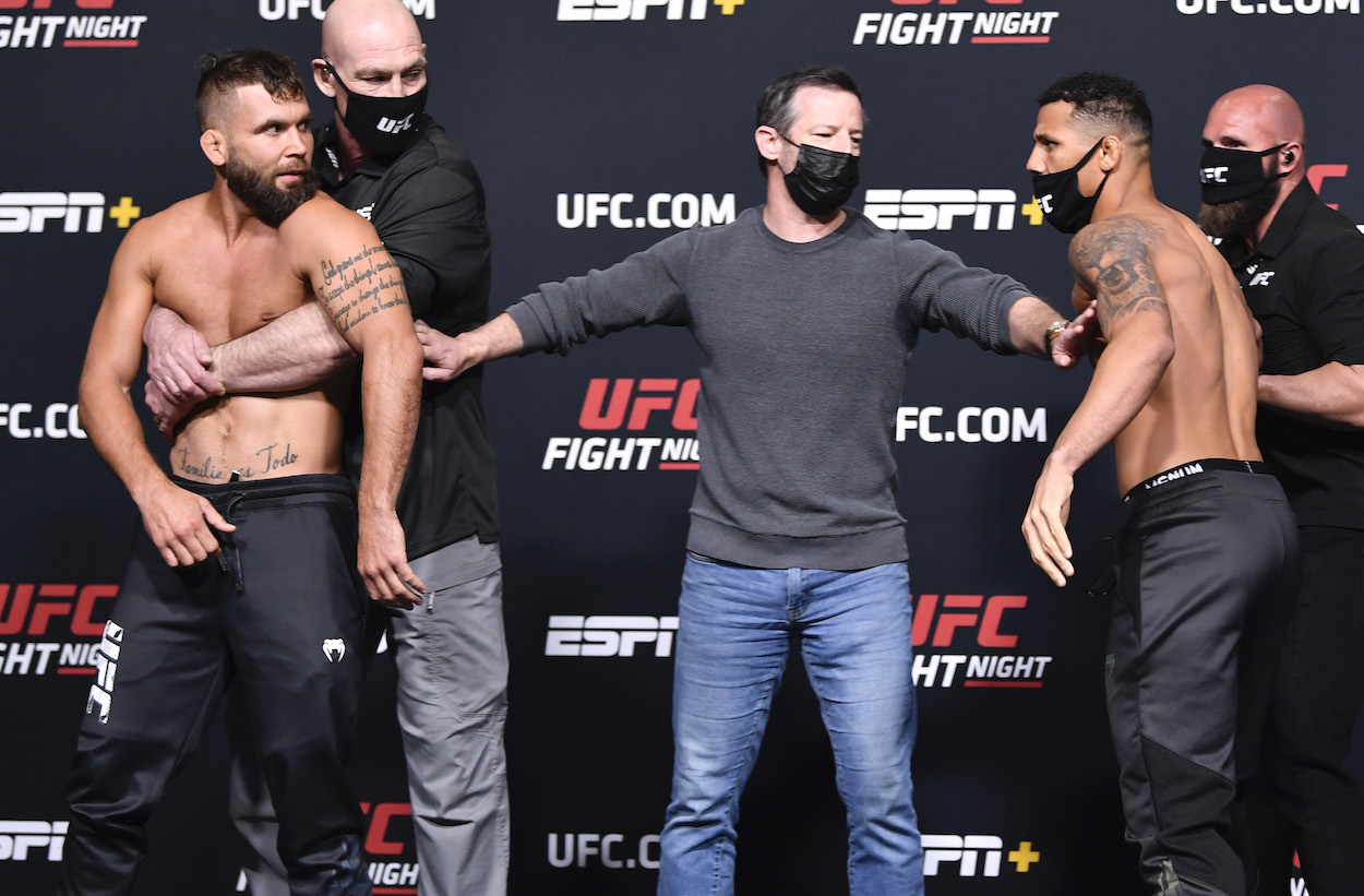 UFC fighters Jeremy Stevens and Drakkar Klose are separated at weigh-ins
