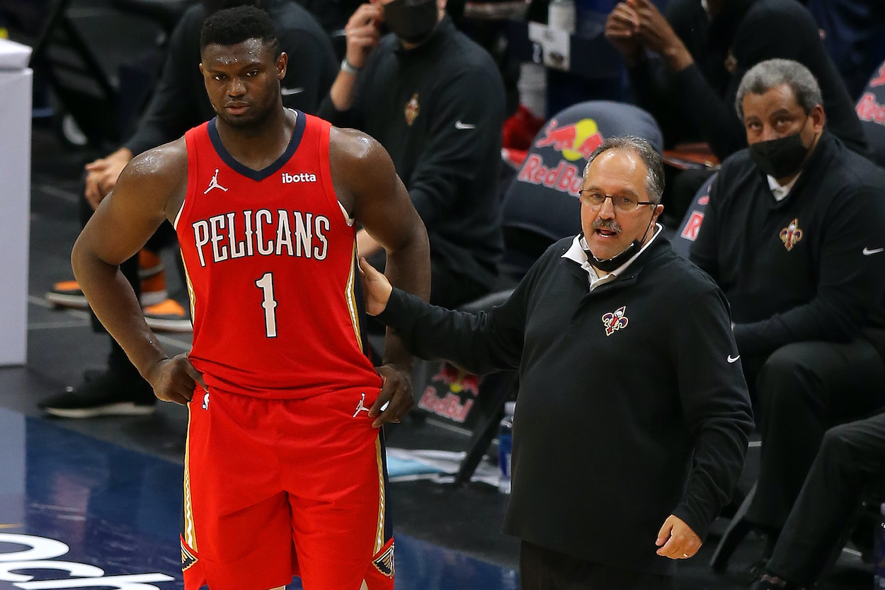 New Orleans Pelicans forward Zion Williamson and head coach Stan Van Gundy