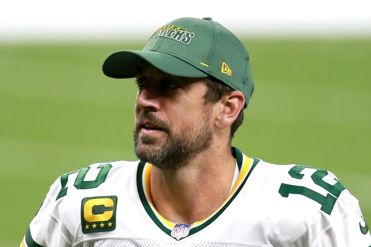 Aaron Rodgers of the Green Bay Packers walks off the field after beating the New Orleans Saints during an NFL game on Sept. 27, 2020.