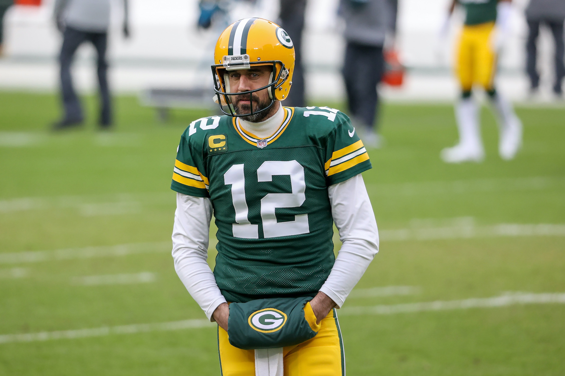 Aaron Rodgers during a 2021 Green Bay Packers game.