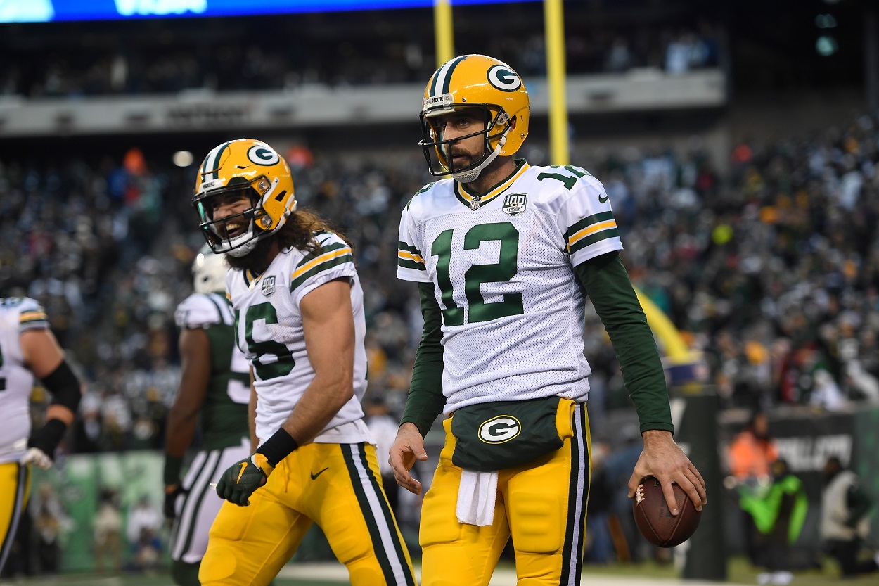 Aaron Rodgers and Jake Kumerow celebrate a Packers touchdown against the Jets in December 2018