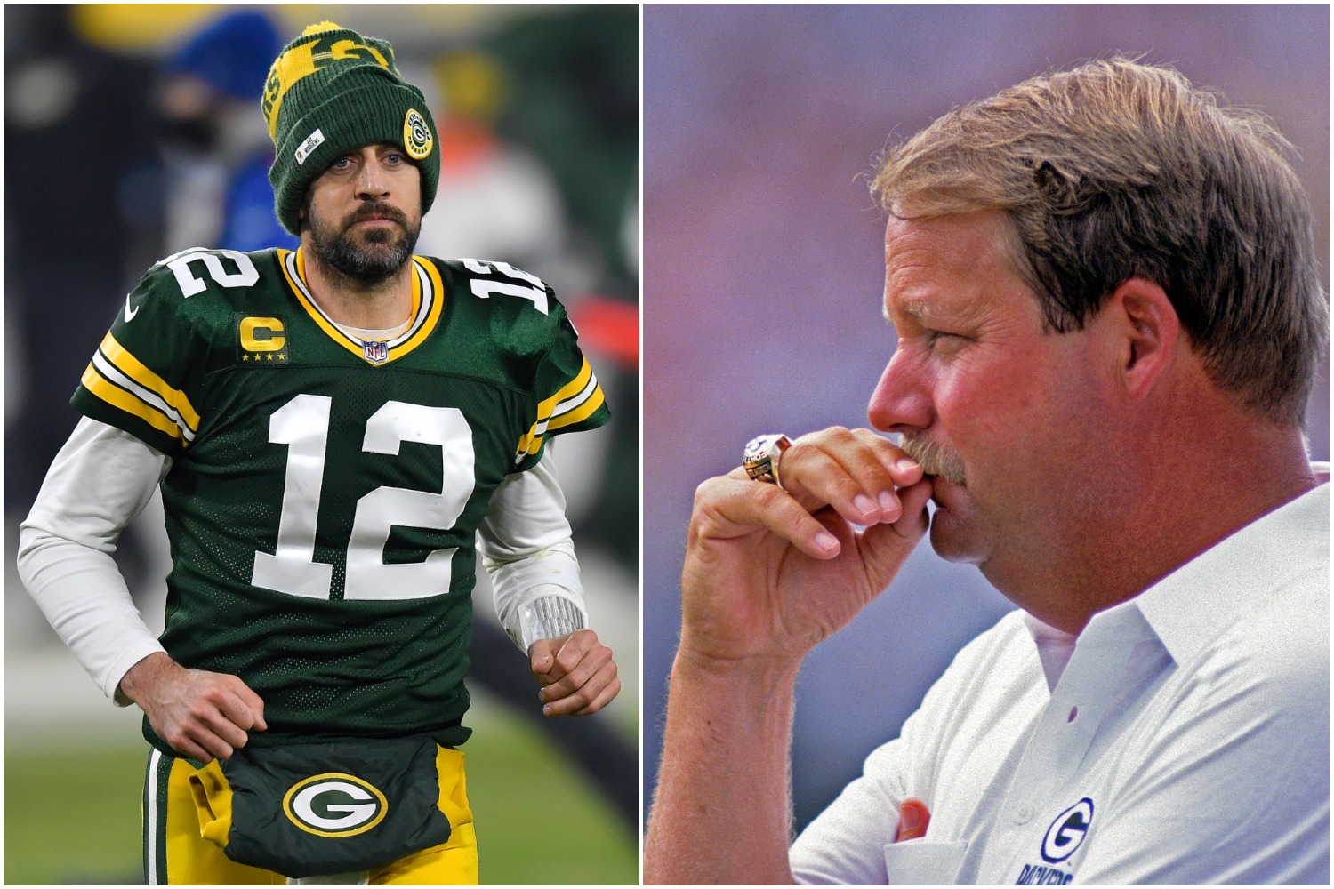 Aaron Rodgers jogs off the field as former Green Bay Packers coach Mike Holmgren looks on.