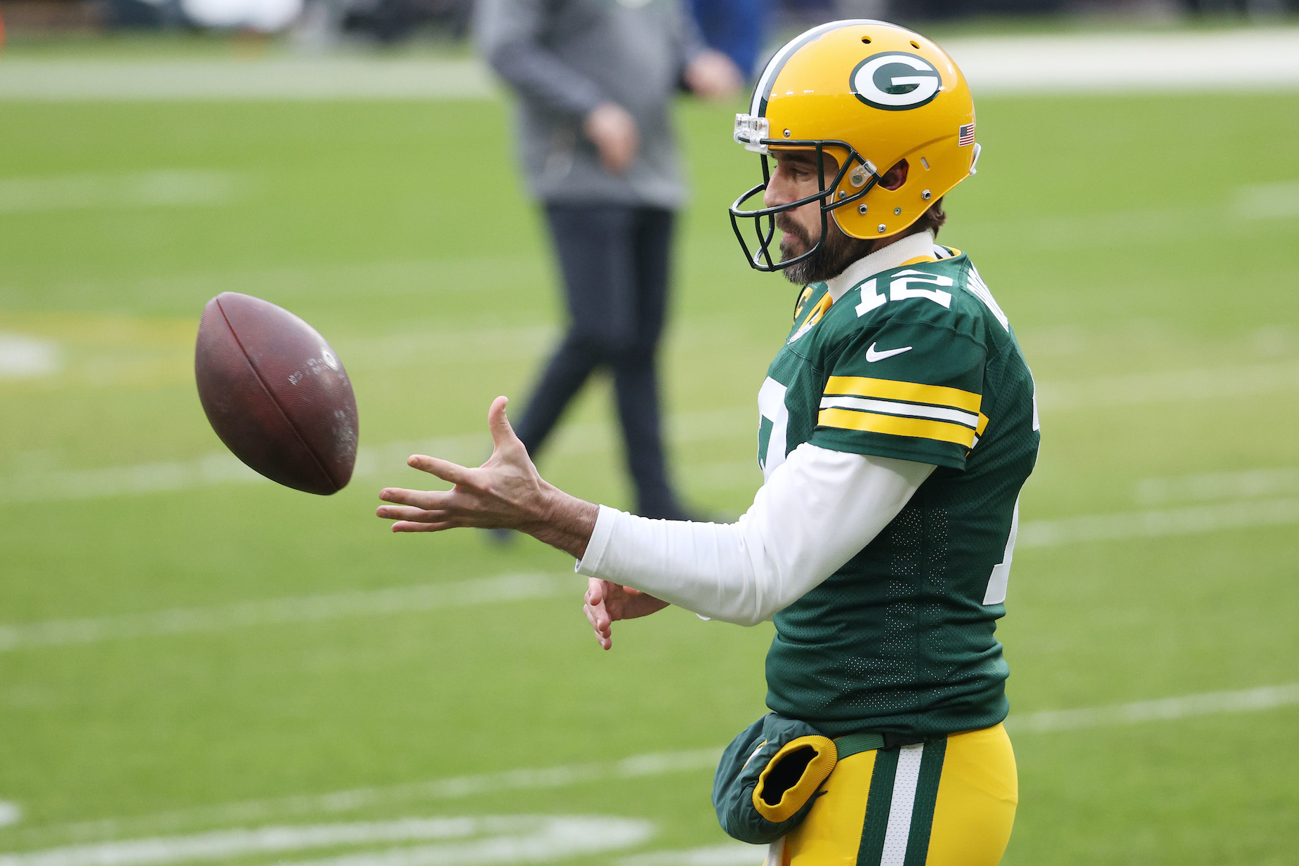 Green Bay Packers quarterback Aaron Rodgers during pregame warm-ups