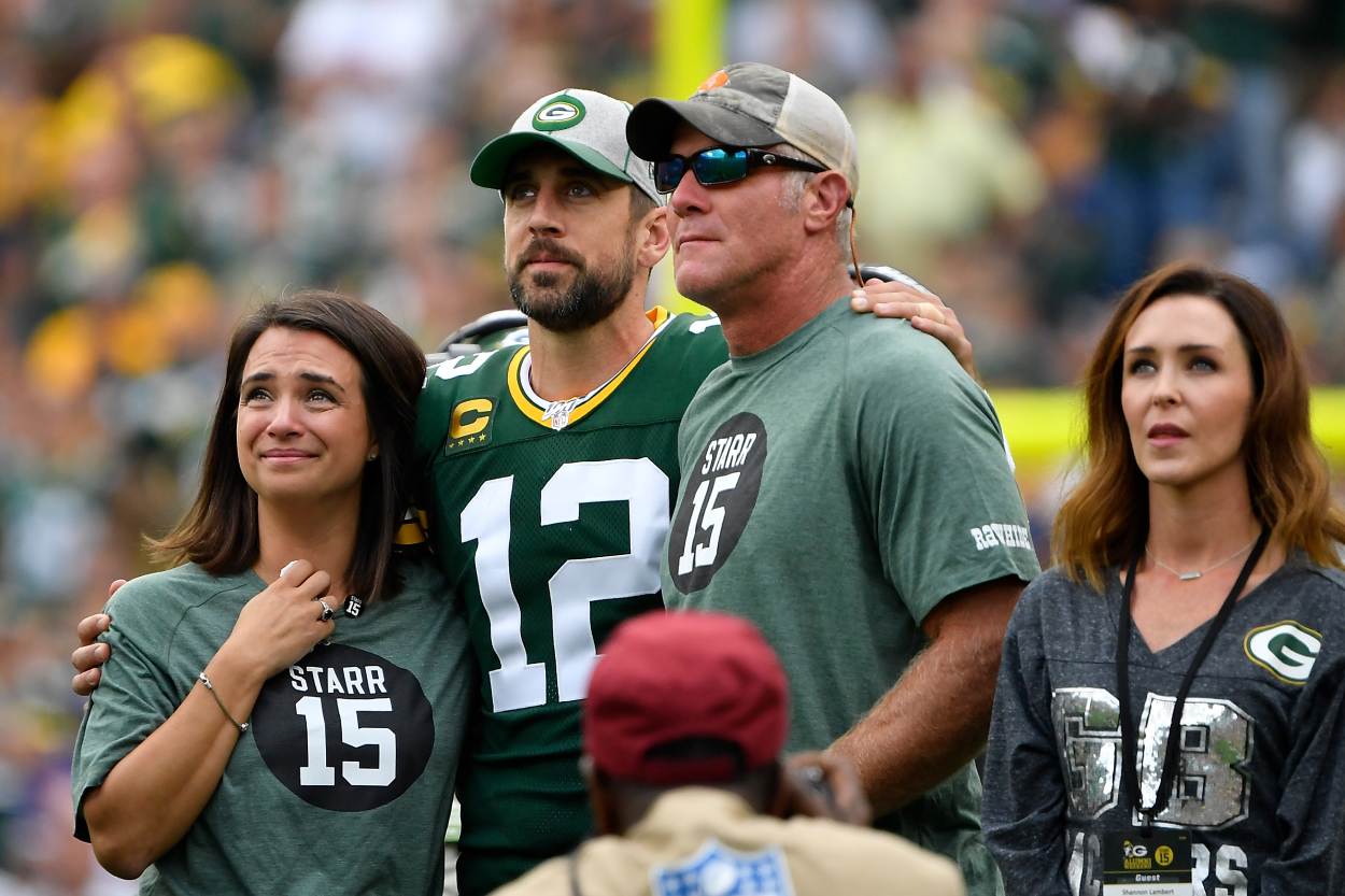 Packers quarterback Aaron Rodgers and former Packers QB Brett Favre.
