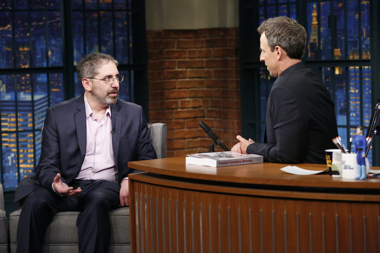 Football analyst Aaron Schatz during an interview with host Seth Meyers on August 10, 2017