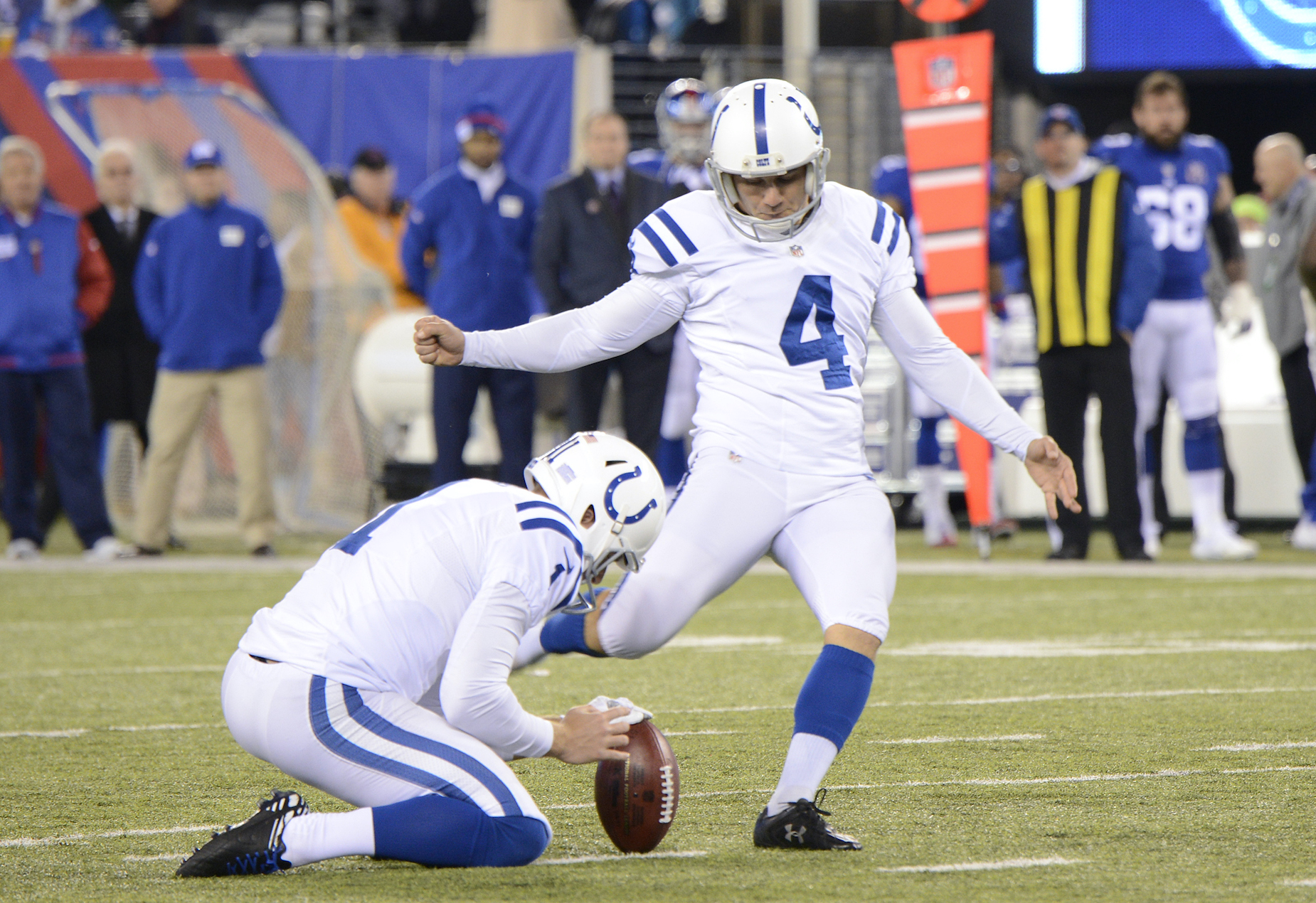 Adam Vinatieri, who built up a respectable net worth in the NFL, kicks another field goal.