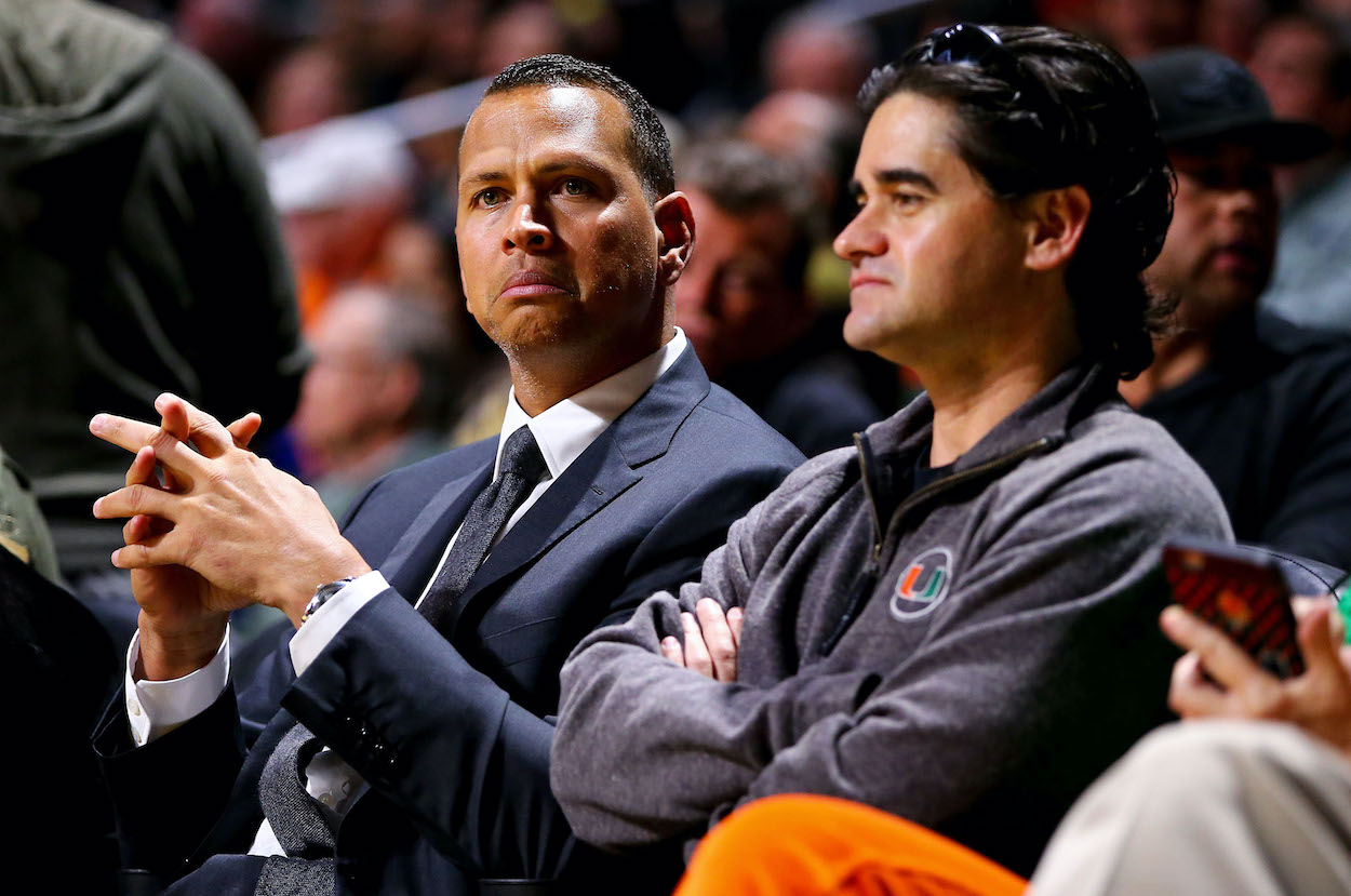 Alex Rodriguez looks on during a college basketball game on January 25, 2016 in Miami, Florida.