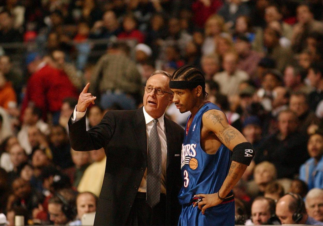 NBA legend Allen Iverson (R) and Philadelphia 76ers head coach Larry Brown.