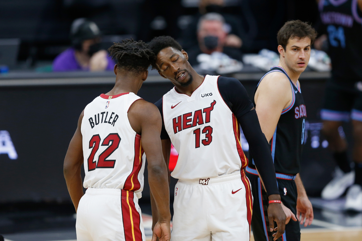 Miami Heat stars Jimmy Butler (L) and Bam Adebayo in 2021.