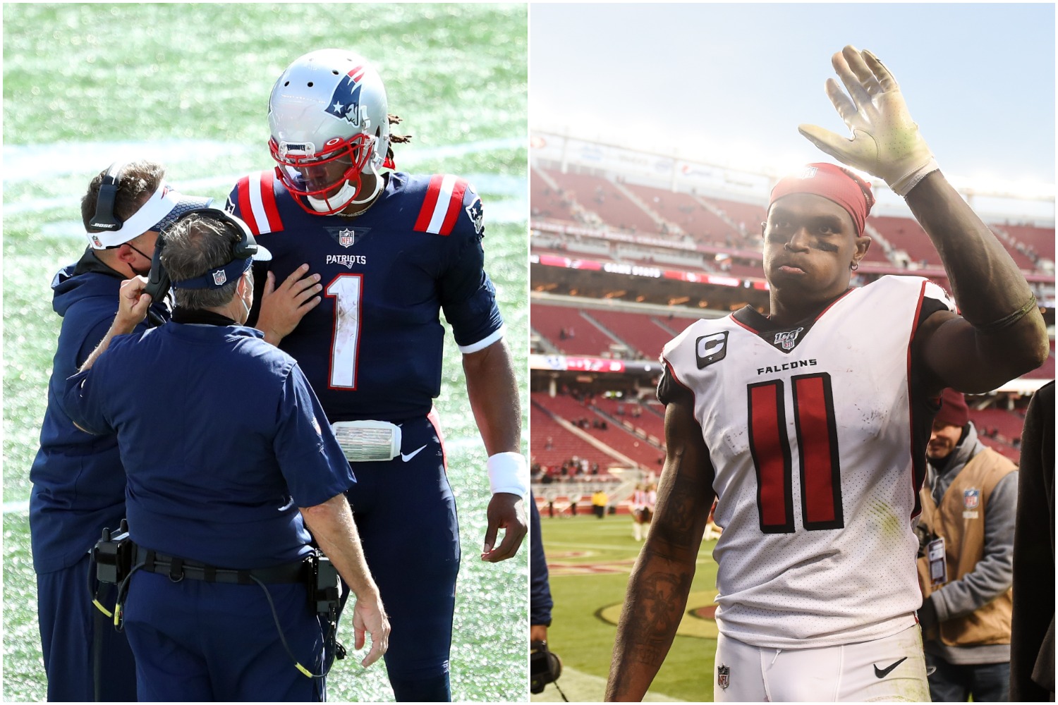 New England Patriots coaches Josh McDaniels and Bill Belichick speak with quarterback Cam Newton as Julio Jones waves to the crowd as he exits the field.