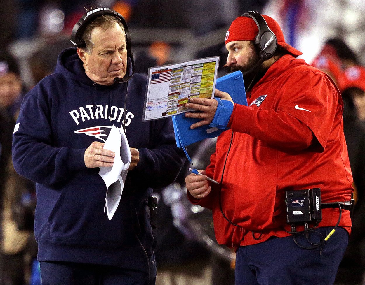 New England Patriots coaches Bill Belichick and Matt Patricia in 2017.