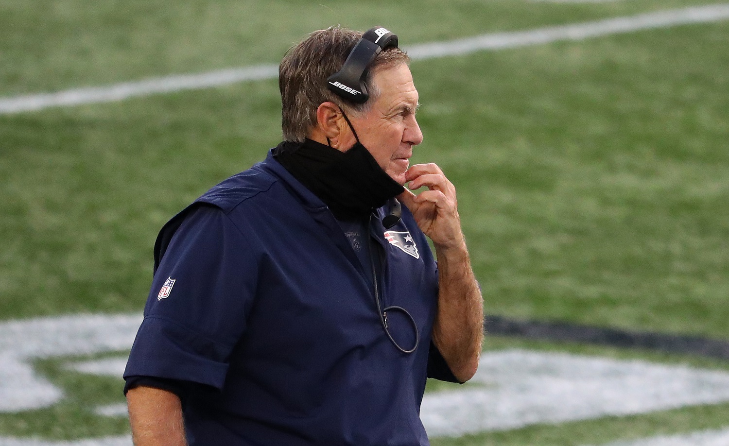 Bill Belichick of the New England Patriots looks on from the sidelines during their NFL game against the San Francisco 49ers at Gillette Stadium on Oct. 25, 2020.