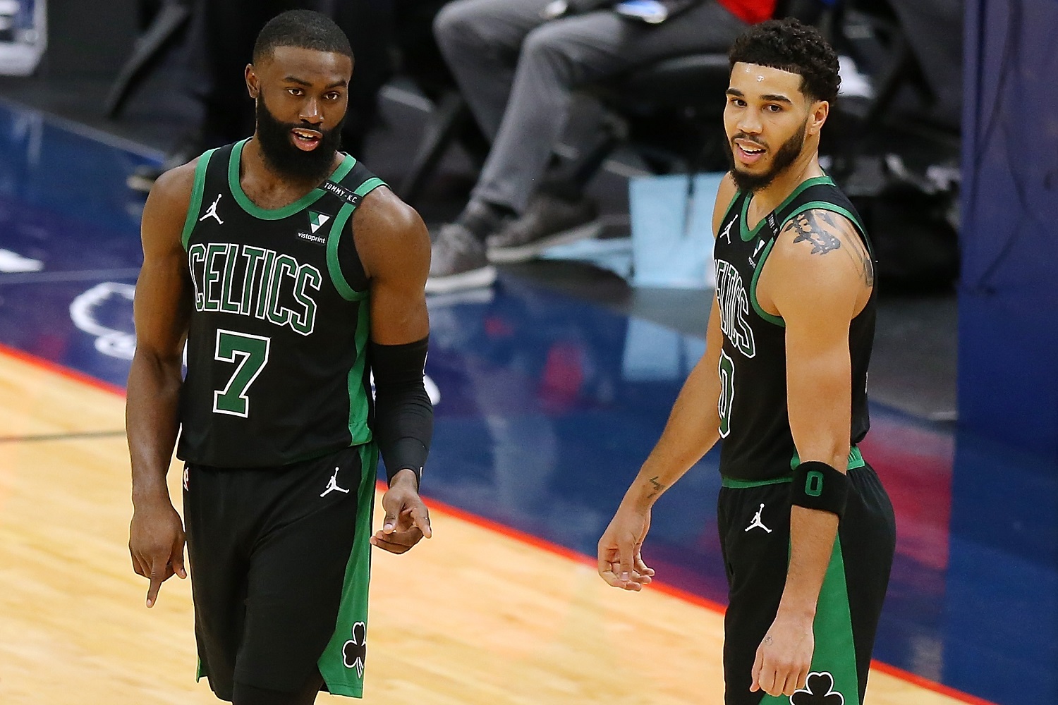 Jaylen Brown  and Jayson Tatum should be the core of the Boston Celtics for years to come, but the organization has not improved the remainder of the roster in the past year. Jonathan Bachman/Getty Images