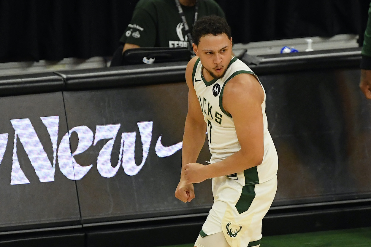 Bryn Forbes of the Milwaukee Bucks reacts after his three point basket in the second quarter against the Miami Heat during Game Two of their Eastern Conference first-round playoff series between the Milwaukee Bucks and the Miami Heat at Fiserv Forum on May 24, 2021