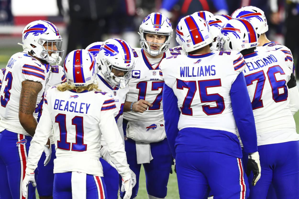 The Buffalo Bills huddle during the 2020 season.