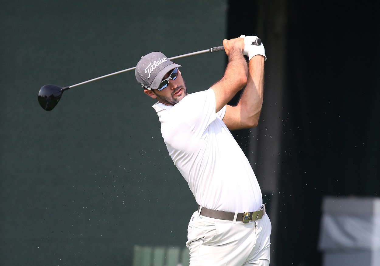 Cameron Tringale tees off during a practice round ahead of the 2014 PGA Championship at Valhalla