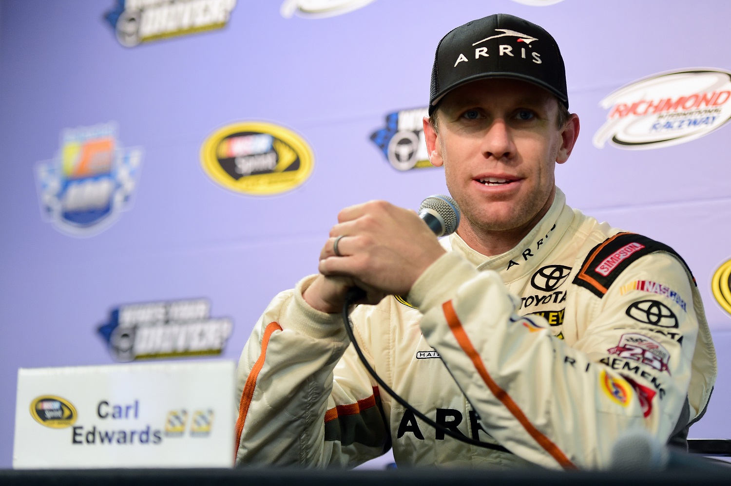 Carl Edwards speaks with the media after practice for the NASCAR Sprint Cup Series race at Richmond International Raceway on Sept. 9, 2016.