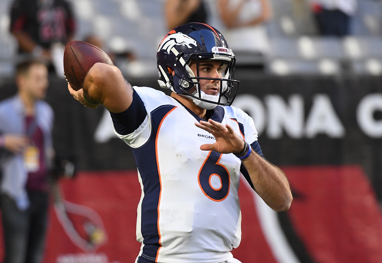 Chad Kelly warms up for the Denver Broncos ahead of a 2018 matchup with the Arizona Cardinals