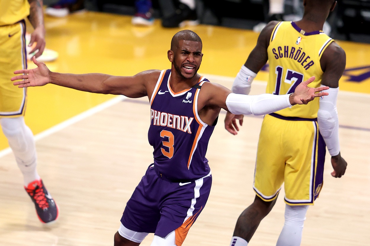 Chris Paul calls for a foul during the Phoenix Suns' Game 3 loss to the LA Lakers