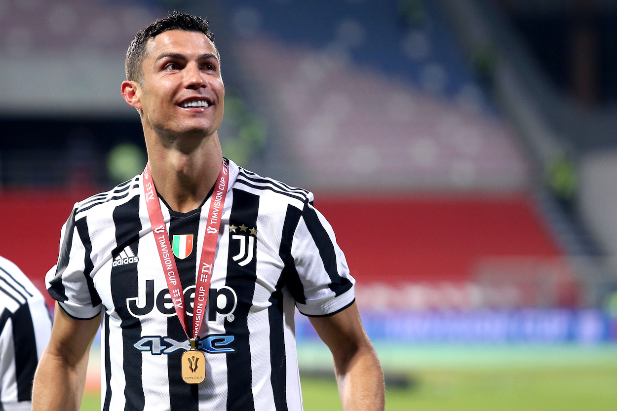 Cristiano Ronaldo of Juventus FC celebrates at the end of the Timvision Italian Cup final match between Atalanta Bergamasca Calcio and Juventus Fc . Juventus Fc wins 2-1 over Atalanta Bergamasca Calcio.