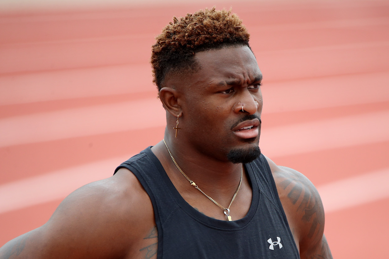 DK Metcalf looks on prior to the Men's 100 Meter Dash during the USATF Golden Games and World Athletics Continental Tour event at Mt. San Antonio College on May 09, 2021 in Walnut, California.