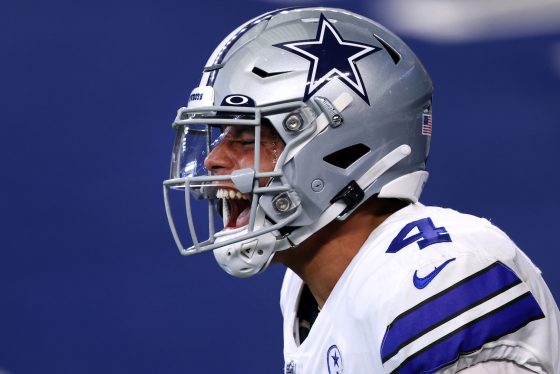 Dallas Cowboys Dak Prescott yells on the field.