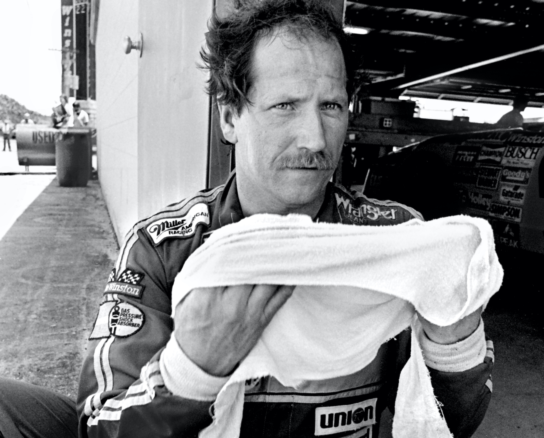 Dale Earnhardt in the garages at the Daytona International Speedway.