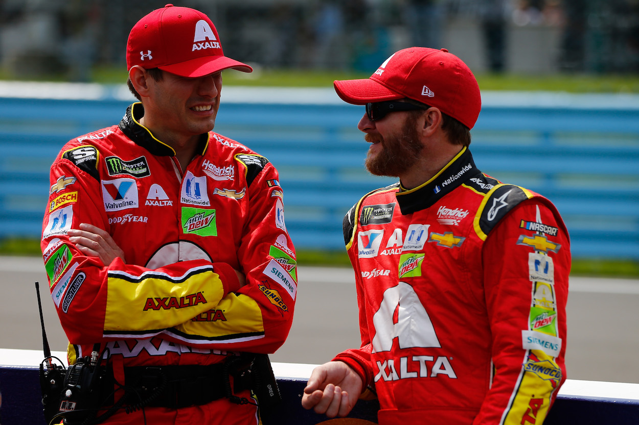 Dale Earnhardt Jr. and Greg Ives talk before race