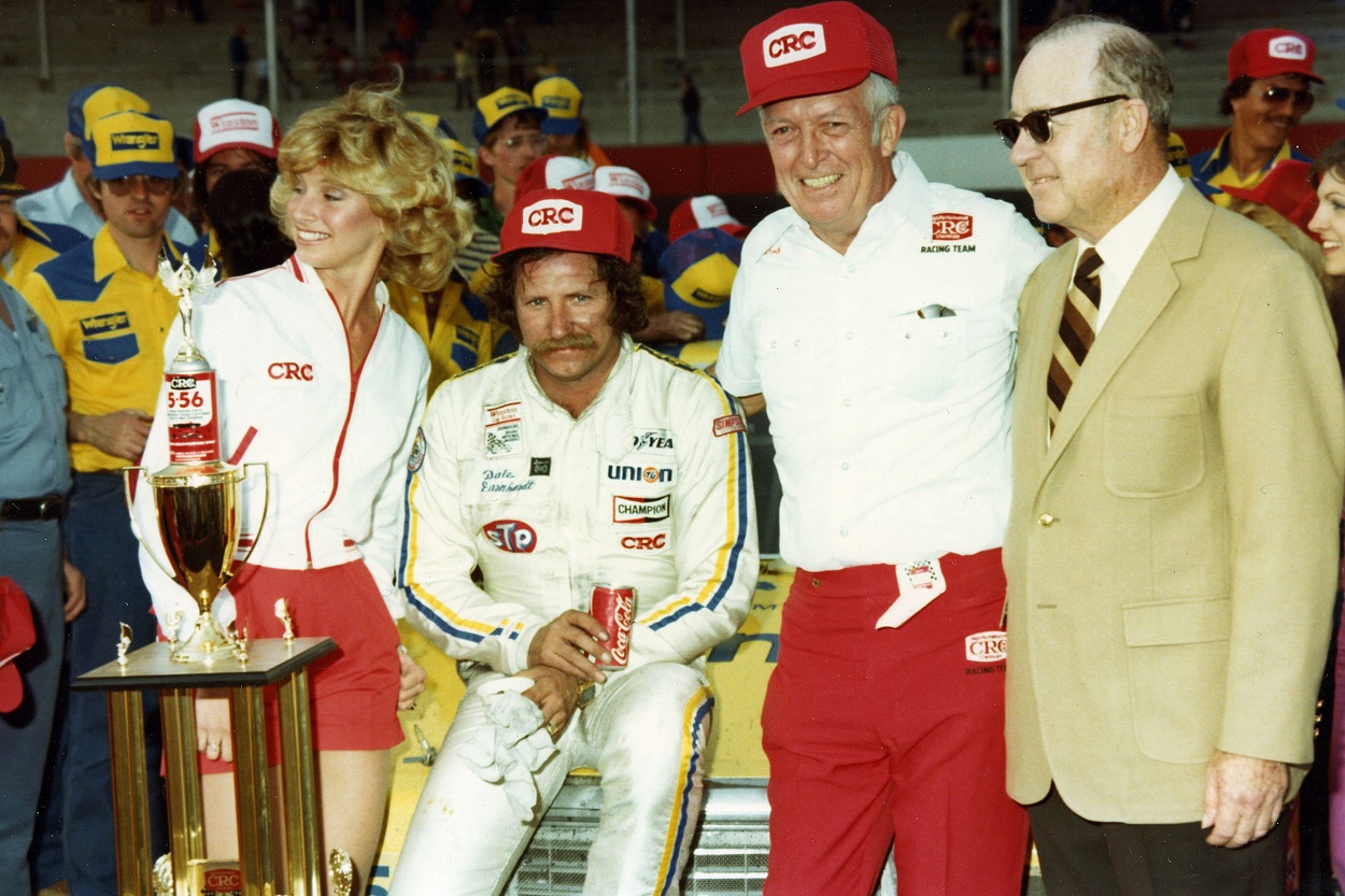 Dale Earnhardt Sr. following his victory at the NASCAR Cup Series 1982 Rebel 500 at Darlington Raceway