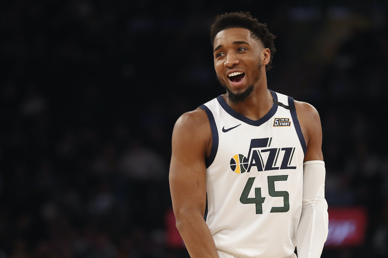 Donovan Mitchell of the Utah Jazz in between plays against the New York Knicks during the second half at Madison Square Garden on March 04, 2020 in New York City.