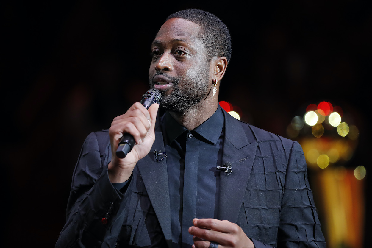 Former Miami Heat player Dwyane Wade addresses the crowd during his jersey retirement ceremony at American Airlines Arena on February 22, 2020 in Miami, Florida.