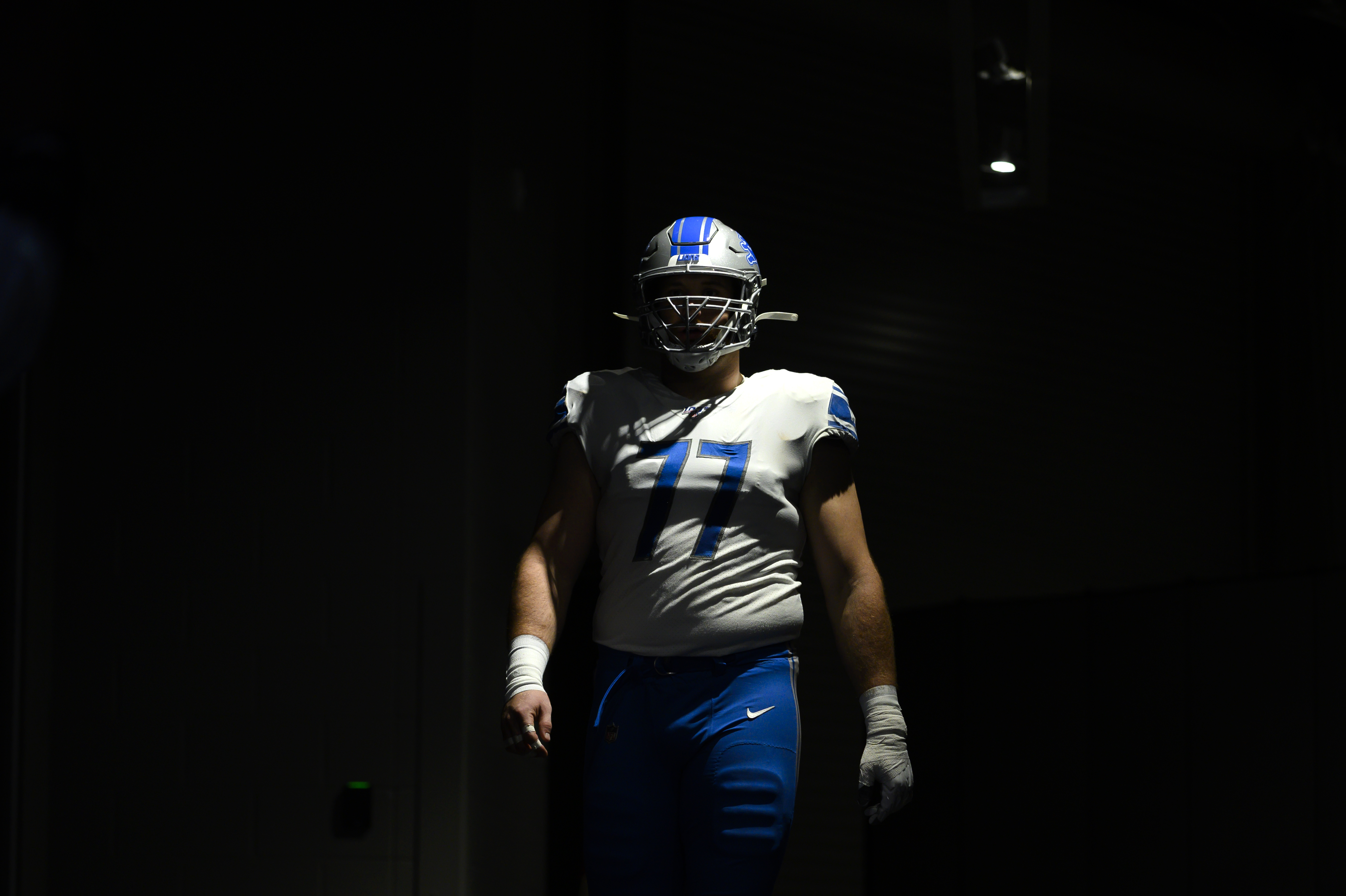 Frank Ragnow of the Detroit Lions in the tunnel before the game agains the Minnesota Vikings at U.S. Bank Stadium on December 8, 2019.