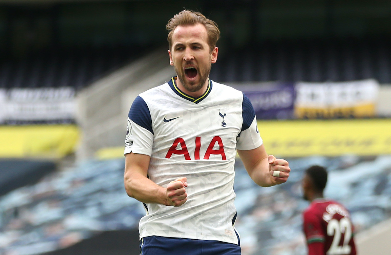 Harry Kane of Tottenham Hotspur celebrates after scoring their side's first goal during the Premier League match between Tottenham Hotspur and Wolverhampton Wanderers at Tottenham Hotspur Stadium on May 16, 2021 in London, England.