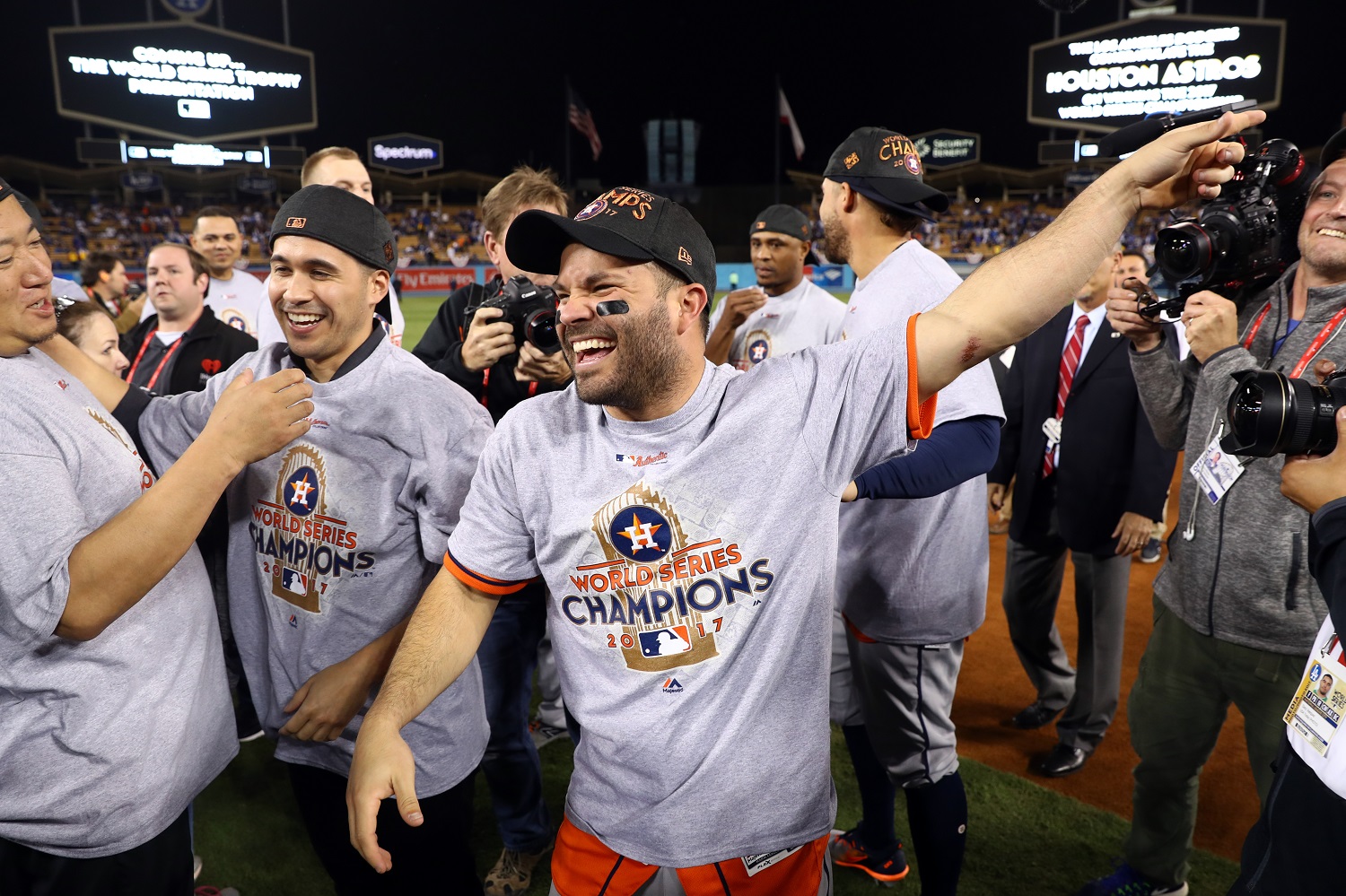 Jose Altuve celebrates after the Houston Astros defeated the Los Angeles Dodgers in Game 7 of the 2017 World Series at Dodger Stadium.