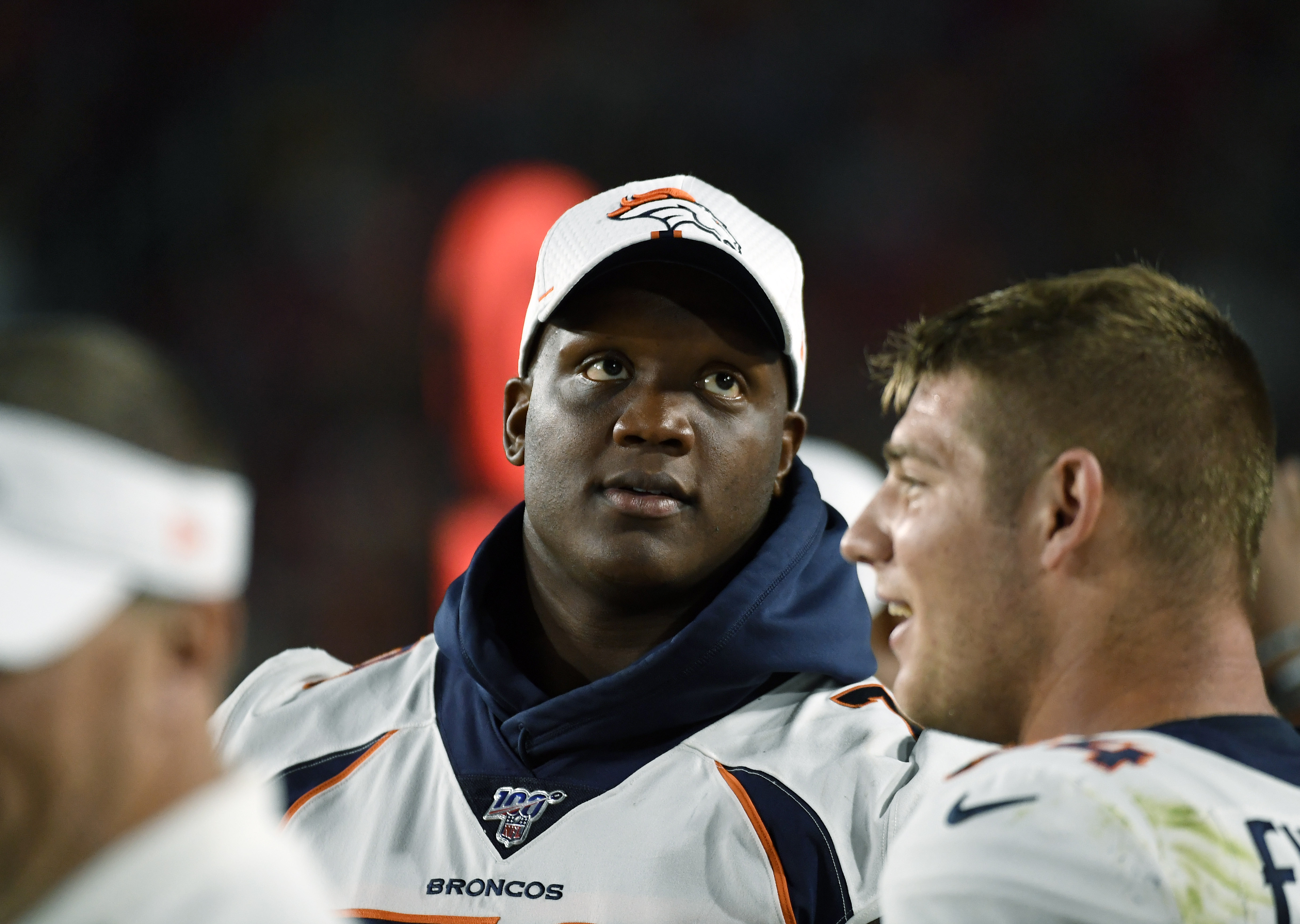 Denver Broncos Offensive tackle Ja'Wuan James on the sideline during a pre season game against the Los Angeles Rams of at Los Angeles Memorial Coliseum on August 24, 2019.