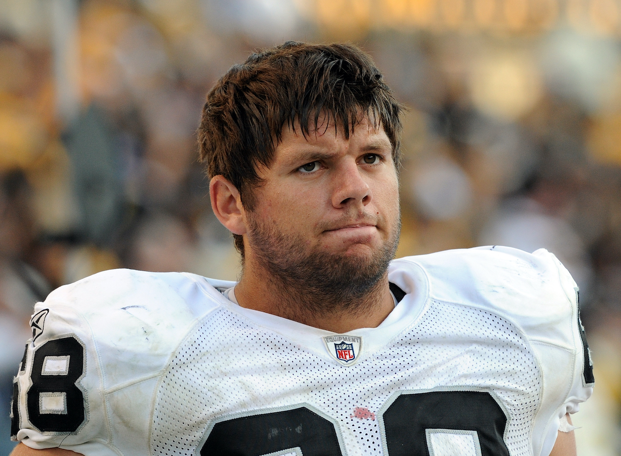Offensive lineman Jared Veldheer of the Oakland Raiders looks on from the sideline during a game against the Pittsburgh Steelers at Heinz Field on November 21, 2010 in Pittsburgh, Pennsylvania.